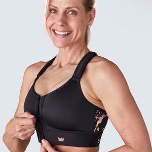 Shefit Flex Sports Bra High Impact Zip Front Black Gold Adjustable 4Luxes EUC
